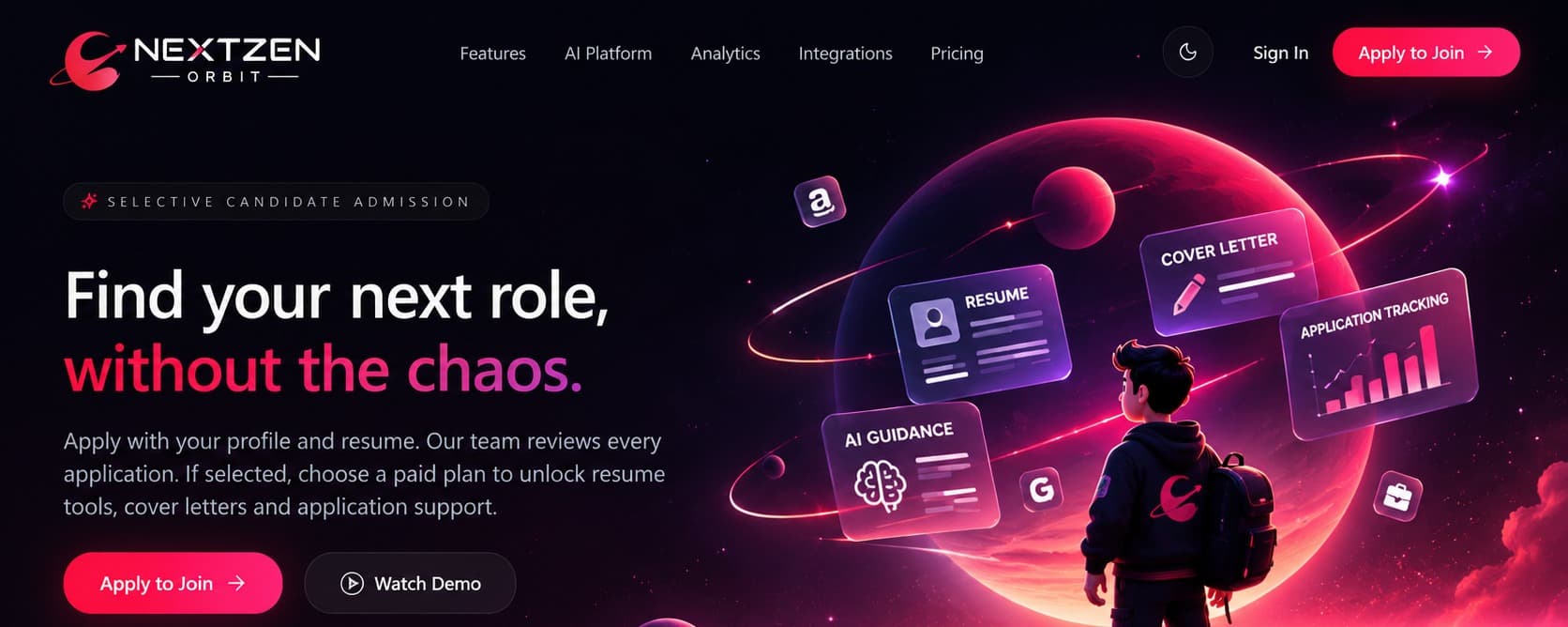 NextZen Orbit landing page: the headline “Find your next role, without the chaos.” beside an illustrated planet with floating Resume, Cover letter, AI guidance and Application tracking cards